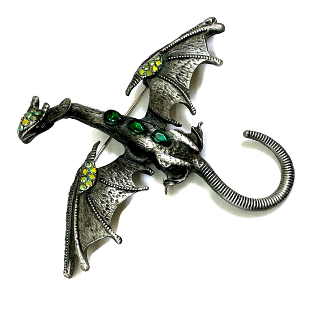 Silver and Green Flying Dragon Brooch